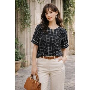 Cotélac 0 / XS French Designer Ruffle Front Short Sleeve Plaid Top Blouse Shirt